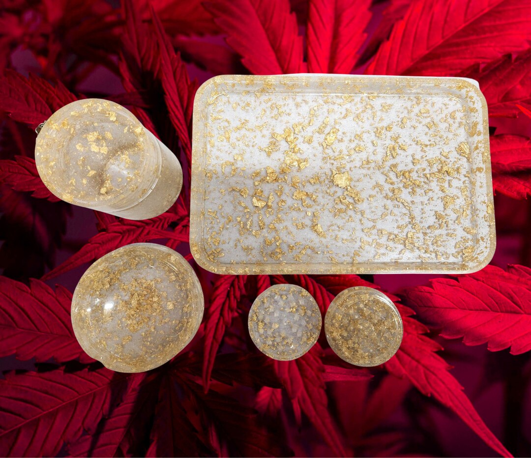 4 PC SET. Rolling Tray With Gold Flakes, Ashtray, Stash Jar, Grinder