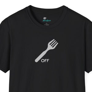 May include: Black short-sleeved t-shirt with a white fork graphic and the word "OFF" printed below it.