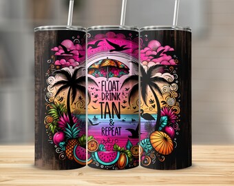 Tropical Beach Tumbler Wrap, Float Drink Tan Repeat Design (PNG)