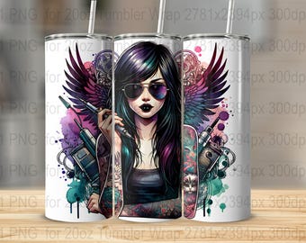 Artista del tatuaje 20oz Skinny Tumbler Wrap, Diseño de sublimación entintado, Vaso recto, Descarga digital instantánea PNG, Envoltura del vaso del tatuador