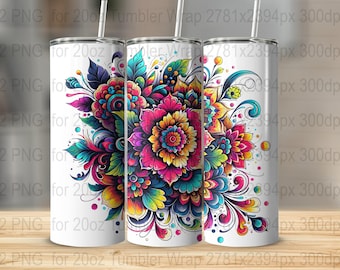 May include: A white tumbler wrap design featuring a colorful floral pattern with pink, blue, yellow, and green flowers. The design is perfect for adding a touch of whimsy to your tumbler.