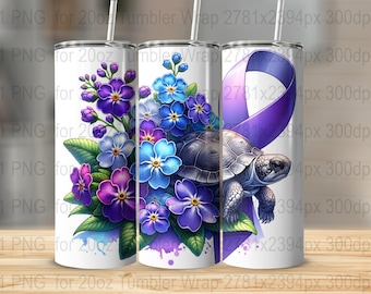 Envoltura para vaso de concientización sobre el Alzheimer, diseño de tortuga y nomeolvides (archivo PNG)