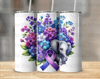 Alzheimer's Awareness Tumbler Wrap, Elephant & Flowers (PNG File)