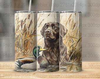 Adesivo per bicchiere termico con Labrador color cioccolato e stampa di anatre in stile caccia, acquerello PNG (download digitale)
