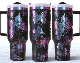 Butterfly Wildflower Flowers Laser Engrave SVG, Full Wrap Design for 40oz Tumbler, Digital Download, Seamless Design, SVG and PNG For Rotary