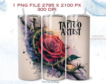 Envoltura de vaso delgado para artista del tatuaje de 20 oz, Diseño de sublimación entintado, Vaso recto, Descarga digital instantánea PNG, Envoltura de vaso para tatuador