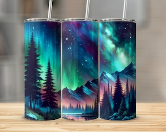Northern Lights Forest Tumbler Wrap, Scenic Mountain Tumbler Wrap Design, 20oz Tumbler PNG, Digital Landscape Wrap