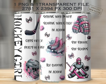 Hockey Girl 20oz Tumbler Wrap, Digital Art, Hockey Gloves Illustration, Pink Bow Graphic Design, Sports Bundle, 1 PNG and 1 Transparent