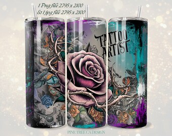 Artista del tatuaje 20oz Skinny Tumbler Wrap, Diseño de sublimación entintado, Vaso recto, Descarga digital instantánea PNG, Envoltura del vaso del tatuador