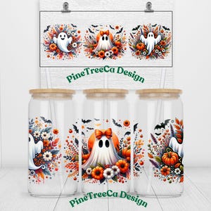 Autumn Fall Pumpkin Ghost 16oz Glass Cup Wrap Png, Sublimation Design, 16oz Glass Cup Png, Retro Fall, Trendy Floral Autumn Ghost Png
