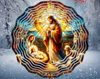 May include: A stained glass wind chime featuring a depiction of the nativity scene with Jesus, Mary, Joseph, and sheep. The wind chime is circular and has a silver frame.
