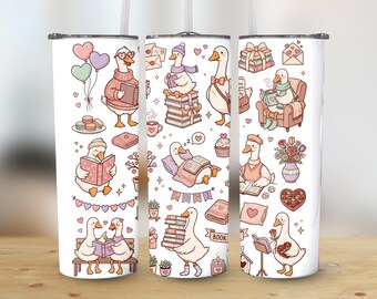 Bookish Valentine Goose Tumbler PNG, Reading Goose Design, Cozy Book Lover Gift, Digital Wrap