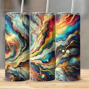 Rainbow Tumbler Wrap Seamless Marble Neon Colors and Gold Glitter 20oz Tumbler Sublimation Design PNG, Alcohol Ink Tumbler PNG File
