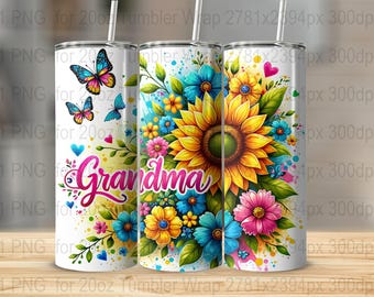 Grandma 20 oz Skinny Tumbler sublimation design, Flowers butterfly Watercolor floral digital PNG Straight tumbler wrap download