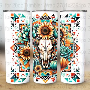 Boho Aztec 20oz tumbler wrap, 20 oz Western Bull Skill sublimation design, Rustic Watercolor Cactus Tribal Pattern Tumbler Wrap Png