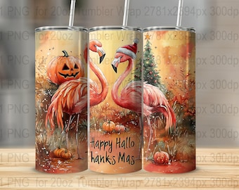 May include: A 20oz tumbler wrap featuring a watercolor design with flamingos, pumpkins, and a Christmas tree. The flamingos are adorned with a jack-o'-lantern and a Santa hat. The text "Happy Hallo Thanks Mas" is also included.