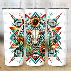 Boho Aztec 20oz tumbler wrap, 20 oz Western Bull Skill sublimation design, Rustic Watercolor Cactus Tribal Pattern Tumbler Wrap Png