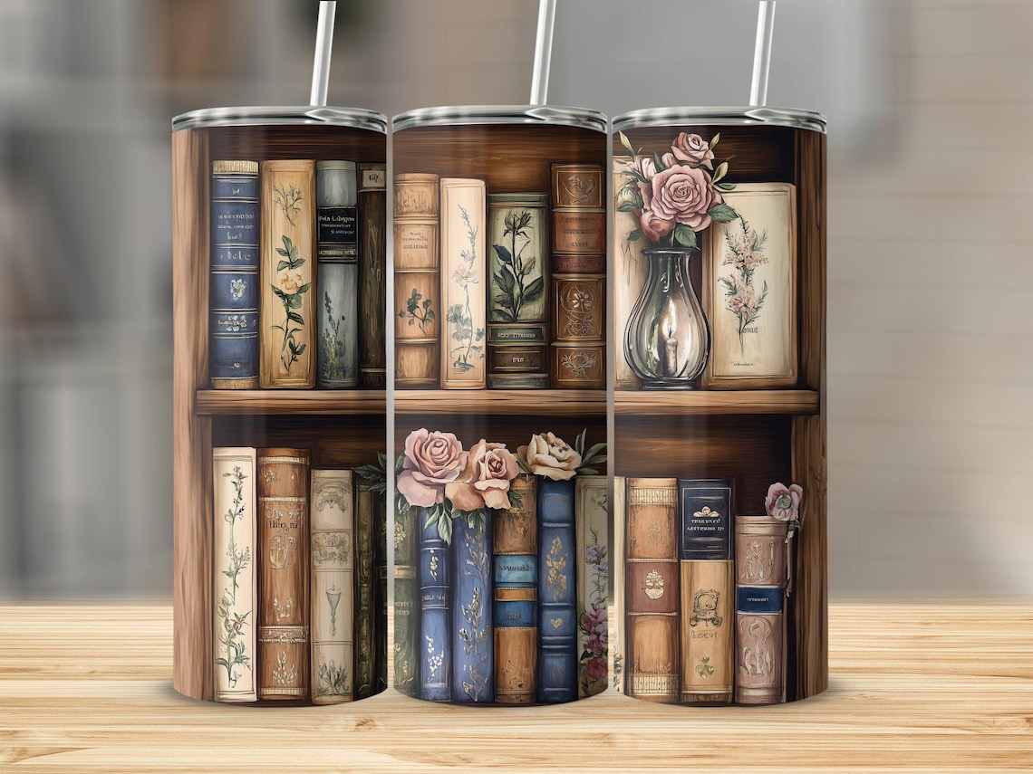 Seamless Vintage Book Spines Tumbler Wrap Floral Library Design for 20 ...