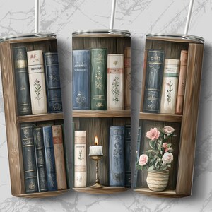 Seamless Vintage Book Spines Tumbler Wrap - Floral Library Design for ...