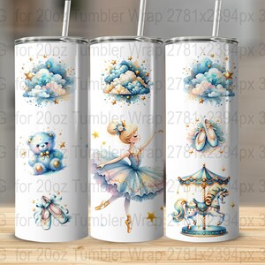 May include: Three 20oz tumbler wraps featuring a ballerina, a carousel horse, and a teddy bear with clouds and stars. The designs are in shades of blue, white, and gold.