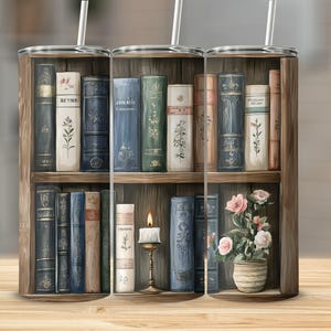 Seamless Vintage Book Spines Tumbler Wrap - Floral Library Design for ...
