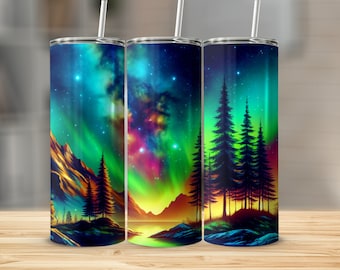 Northern Lights Forest 20oz Tumbler Wrap, Aurora Borealis Digital Download, Colorful Night Sky PNG, Nature Sublimation Design