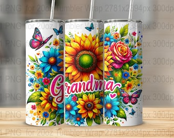 Grandma 20 oz Skinny Tumbler sublimation design, Flowers butterfly Watercolor floral digital PNG Straight tumbler wrap download