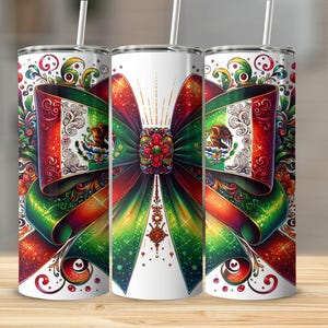 Latino Sublimation Tumbler Design, Mexican Flag Coquette Bow 20oz Tumbler Wrap PNG, Mexican Flag Art Latino PNG, Skinny Tumbler Download