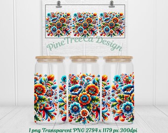 May include: Three clear glass tumblers with bamboo lids and straws. Each tumbler features a colorful floral design with red, orange, yellow, blue, green, and white flowers. The design is reminiscent of traditional folk art.