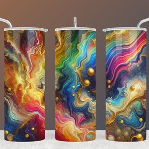 Rainbow Tumbler Wrap Marble Neon Colors and Gold Glitter 20oz Tumbler Sublimation Design PNG, Alcohol Ink Tumbler PNG File