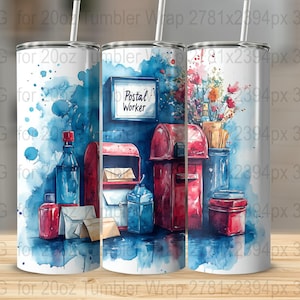 Postal Worker 20 oz Skinny Tumbler Wrap Sublimation Design, Cute Mail Carrier Letter Stamp Collage, Digital Download PNG
