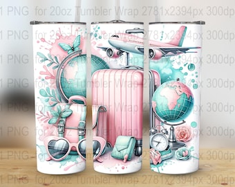 May include: A sublimation design for a 20 ounce tumbler featuring a pink suitcase, a globe, a vintage alarm clock, sunglasses, and a plane with watercolor-style blue and green accents.