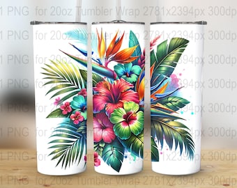 May include: A set of three 20 ounce tumbler wraps featuring a tropical floral design with vibrant colors, including pink, red, orange, yellow, green, and blue. The design includes hibiscus flowers, bird of paradise flowers, and palm leaves.