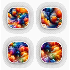 Könnte beinhalten: Vier quadratische Elektrodenpads mit abgerundeten Ecken, die jeweils ein lebhaftes, wirbelndes abstraktes Muster in Orange, Gelb, Blau und Violett aufweisen. Die Pads haben einen weißen, gesteppten Kleberand und einen kleinen Druckknopfanschluss.