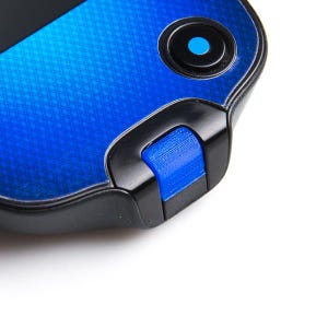 May include: A black electronic device featuring a vibrant blue gradient surface with a subtle grid pattern. The device includes a circular black button with a bright blue center and a textured blue rectangular button on the curved edge.
