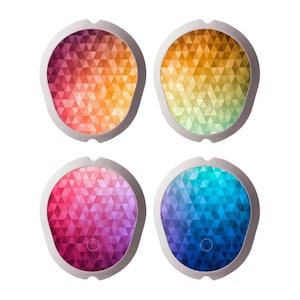May include: Four rounded, shield-shaped electronic devices with a white border and a central circular button. Each device features a distinct geometric triangle pattern in gradient color schemes: red-orange, yellow-green, pink-purple, and blue-violet.