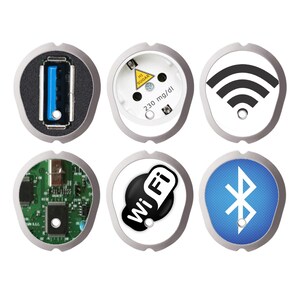 Pode incluir: Seis coberturas circulares em tom prateado com vários designs: uma porta USB azul, uma tomada elétrica branca com um triângulo amarelo de aviso com a inscrição HI SUGAR 230 mg/dl, um símbolo Wi-Fi preto, uma placa de circuito verde, um logótipo Wi-Fi preto e um ícone Bluetooth azul.