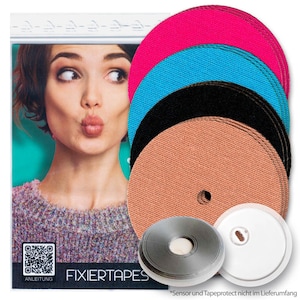 May include: Assortment of round, adhesive fabric tapes in pink, blue, black, and brown. The tapes are arranged in a stack with the pink tape on top. There is a roll of grey tape and a white round disc with a hole in the centre. The text "FIXIERTAPES" is visible in the image.