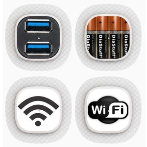 Könnte beinhalten: Eine vierteilige grafische Darstellung mit einem weißen Quadrat mit zwei blauen USB-Anschlüssen, einem weißen Quadrat mit vier braunen DiaStuff-Batterien, einem weißen Quadrat mit einem schwarzen WLAN-Symbol und einem schwarzen WLAN-Logo.
