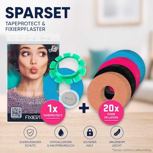 Op de afbeelding: Een SPARSET TAPEPROTECT en FIXIERPFLASTER set met een groene plastic sensorbeschermer, een blauwe kleefpleister met sensor en twintig ronde kleefpleisters in beige, zwart, roze en blauw. Inclusief de productverpakking met tekst.