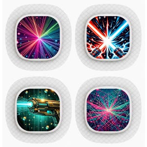 Könnte beinhalten: Ein Set aus vier quadratischen Klebepflastern mit abgerundeten Ecken, die jeweils ein eigenes Sci-Fi-Motiv zeigen: einen bunten Lichtstrahl, gekreuzte rote und blaue Laserschwerter, eine futuristische Laserpistole und ein geometrisches Neon-Netz.