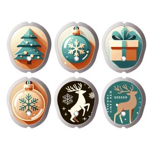 Pode incluir: Um conjunto de seis etiquetas decorativas circulares com imagens festivas, incluindo uma árvore de Natal, ornamentos com flocos de neve, uma caixa de presente e silhuetas de renas. Cada etiqueta tem um pequeno furo e uma borda cinza.