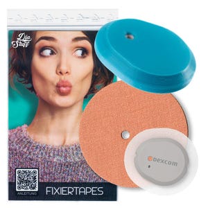 May include: A teal oval protective cover, a round peach-coloured adhesive patch, and a grey Dexcom sensor. The packaging features a person with short hair, a QR code, and the text Dia Stuff and FIXIERTAPES, providing a set for medical device care.