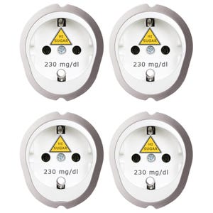 Pode incluir: Quatro tomadas elétricas brancas e cinzentas dispostas numa grelha. Cada tomada apresenta um sinal de aviso triangular amarelo com o texto HI SUGAR e o texto 230 mg/dl sob o parafuso central, indicando um nível de glicose.