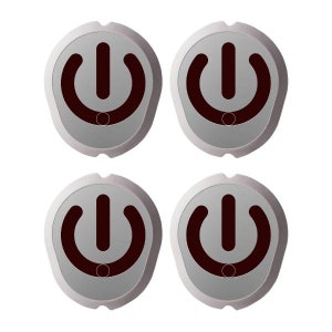 May include: Four round, silver-coloured buttons with a raised, dark red power symbol on each. The buttons are designed to be used as a switch.