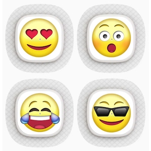 Könnte beinhalten: Ein Set aus vier quadratischen Klebepflastern, die jeweils ein unterschiedliches gelbes Emoji-Gesicht zeigen. Oben links ist ein Gesicht mit Herzaugen, oben rechts ein überraschtes Gesicht, unten links ein lachendes Gesicht mit Tränen und unten rechts ein cooles Gesicht mit Sonnenbrille zu sehen.