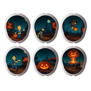 Op de afbeelding: Een set van zes ovale decoratieve onderzetters met Halloween-illustraties in Fallout-thema. De ontwerpen bevatten een personage met een pompoenemmer, een skelet-hond, een vliegende robot, een zombie-figuur, een lantaarn-pompoen en een paddenstoelwolk.