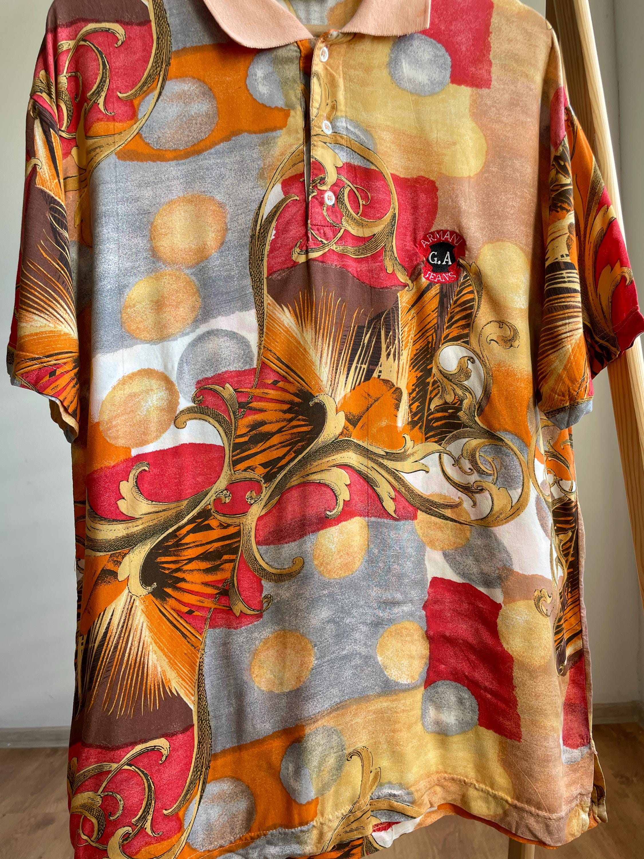 80s 90s GIORGIO ARMANI メッシュポロシャツ archive Giorgio Armani Vintage 80's Baroque All Over Print Polo T-shirt