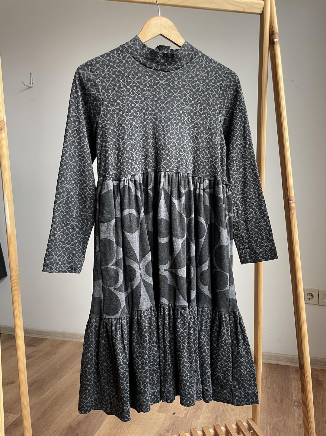 Orla Kiely Mock Neck Long Sleeve Cotton Flared Midi Dress Size S