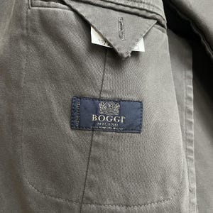 May include: Close-up of the interior of a gray jacket. A navy blue label reads "Boggi Milano" with text below. The jacket's lining is visible, along with a small tag with symbols.